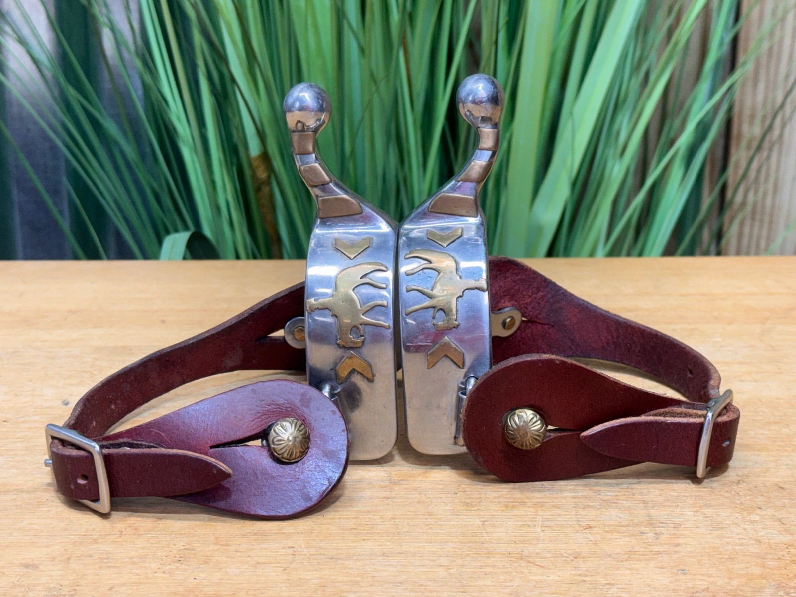 SS Short Shank Ball End  Spurs w Western Pleasure Horse & Brown Leather Straps