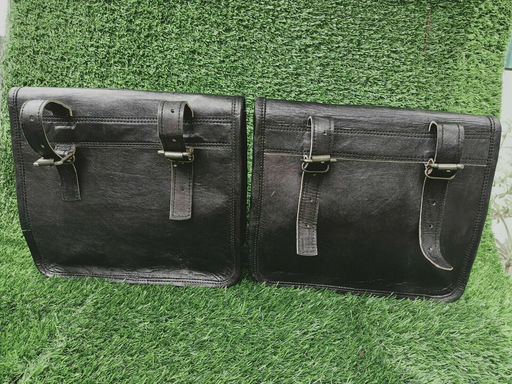 Solid Black Best Leather COMBO Motorcycle Saddle Panniers Tool Pouch Side Bag