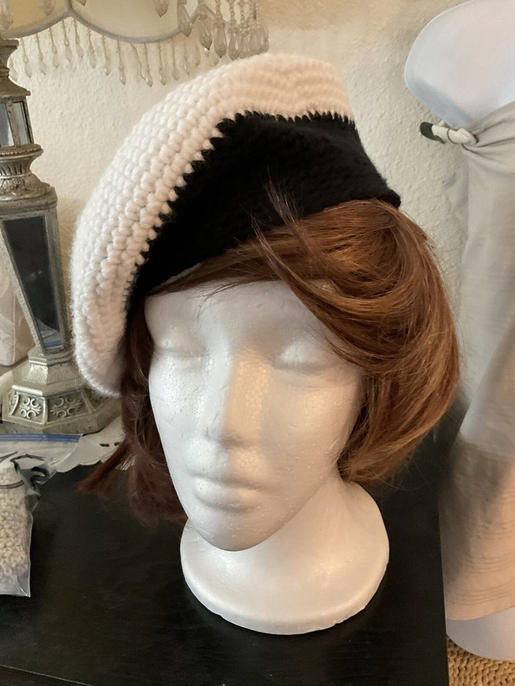 Hand Crocheted White Gray Black Beret