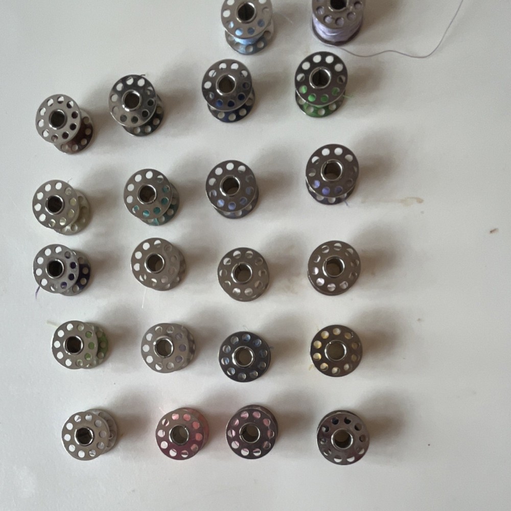 Metal Sewing Machine Bobbins Lot w/ Thread, Assorted Colors