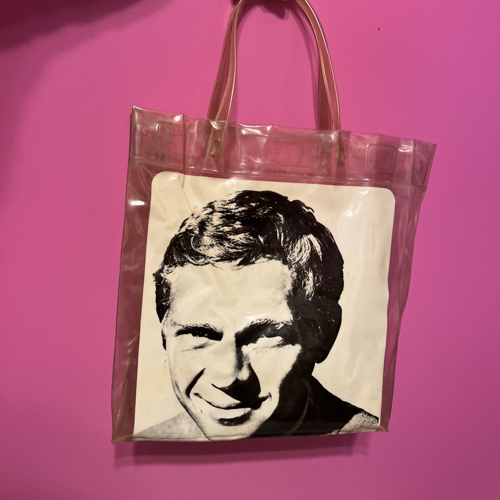 Vintage 60s Mod Steve McQueen PVC Vinyl Alger Creations Clear Tote Bag USA MCM