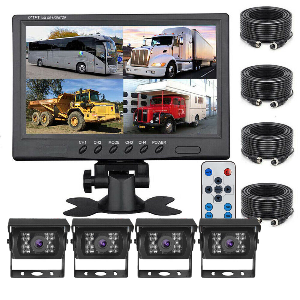 9" QUAD SPLIT MONITOR SCREEN 4x REAR VIEW BACKUP CCD CAMERA SYSTEM FOR TRUCK RV