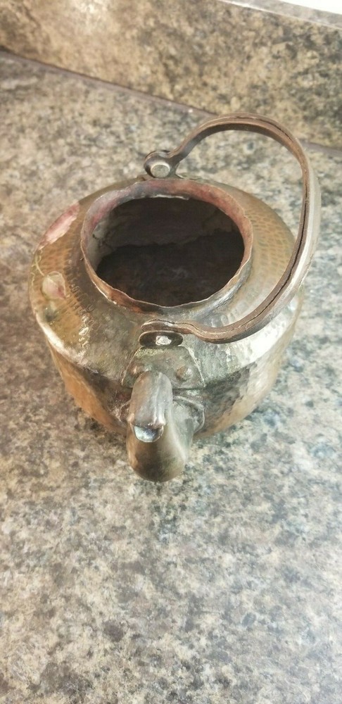 Vintage Hammered Solid Copper Teapot with Hand Painted Floral Design
