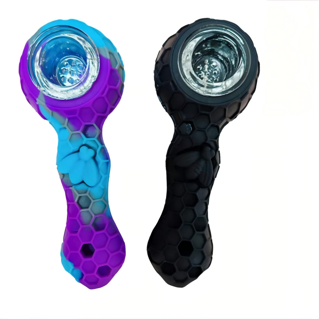 2 Pcs (Blue+Black) SILICONE PIPE 4.3" W/ GLASS BOWL -HoneyComb Bee