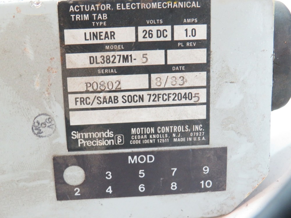 Simmonds Precision DL3827M1-5 Trim Tab Electromechanical Actuator for Saab