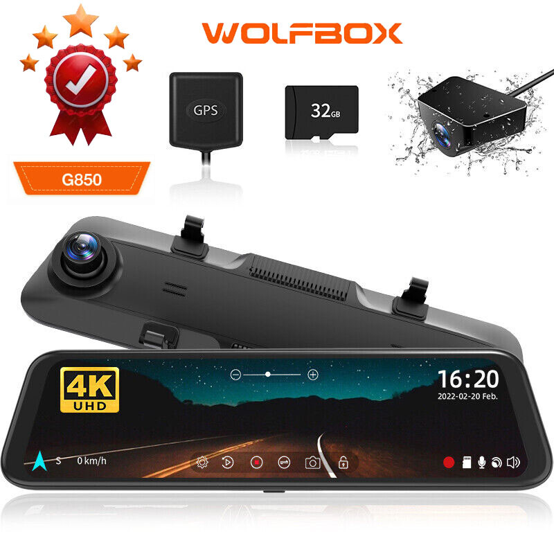 WOLFBOX 4K 12" Dash Cam Mirror GPS Car Rear View Backup Dual Camera Night Vision