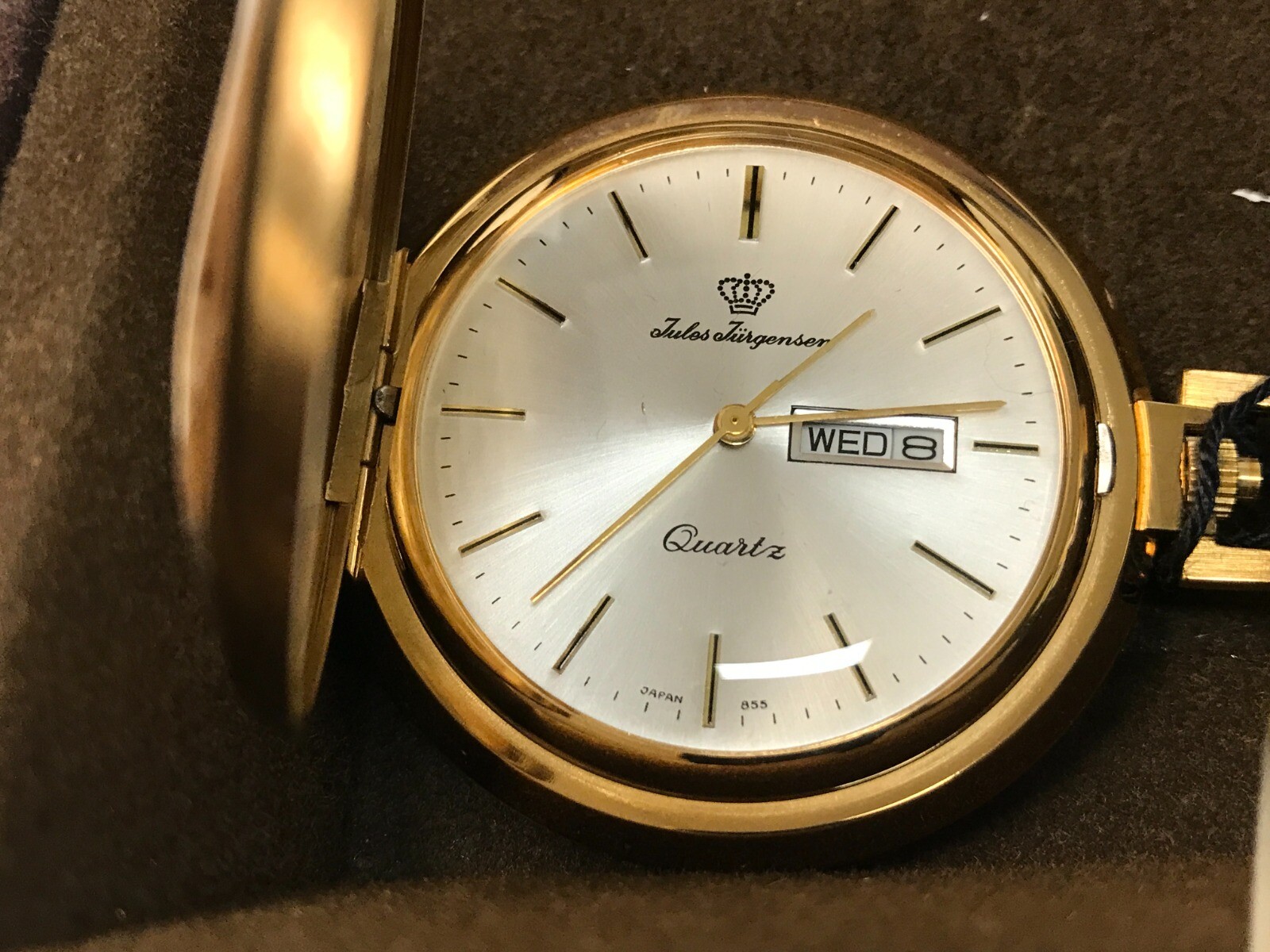 Rare NOS 1970s Jules Jurgensen Gold Tone White Dial Day Date Pocket Watch 6062Q