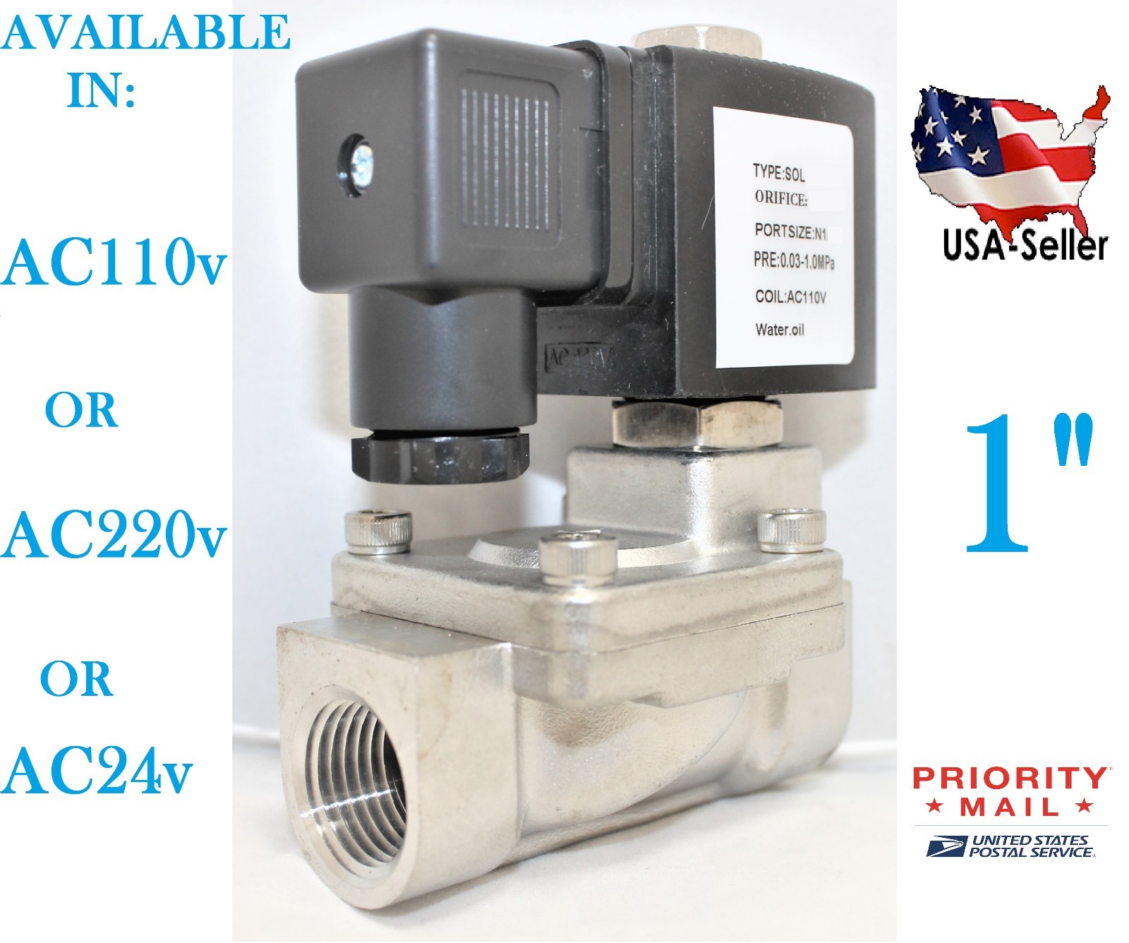 1" Stainless Steel Solenoid Valve Electric Normally Closed Water Gas Air Ro