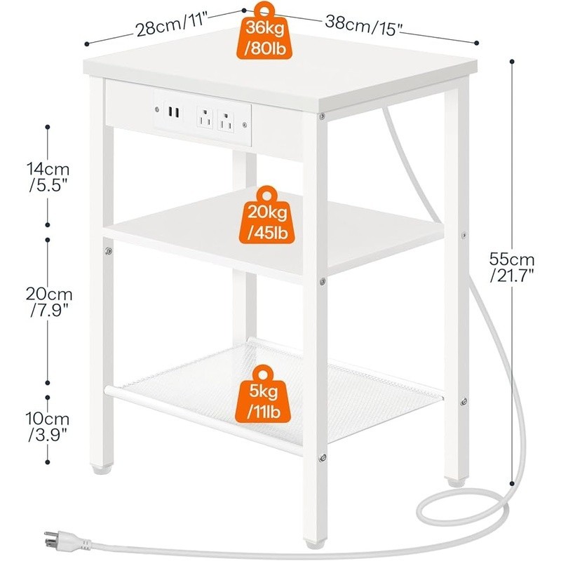 Multifunctional Side Table W/ Outlets USB Charging Adjustable Shelves Storage