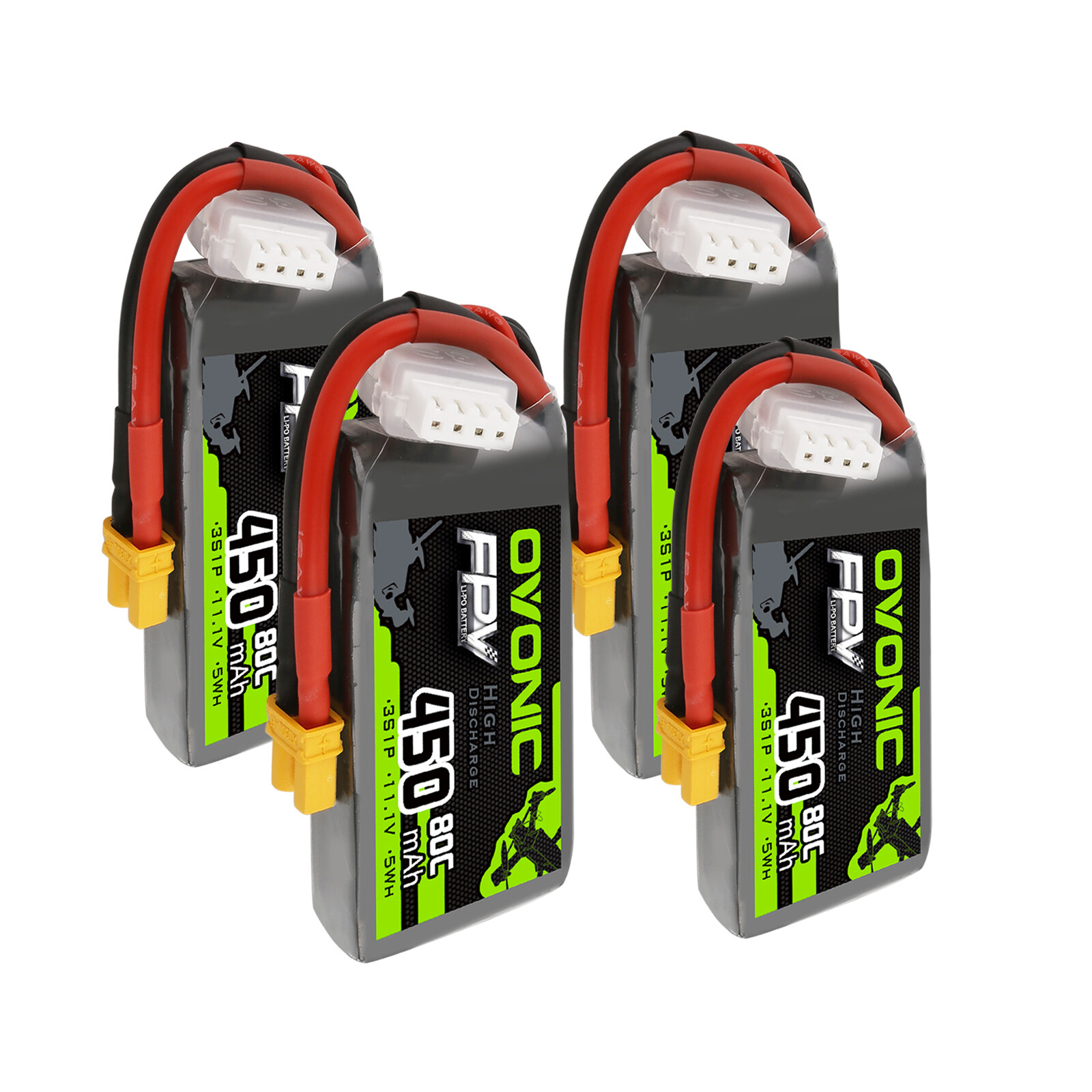 4X OVONIC 11.1V 80C 3S 450mAh Lipo Battery XT30 For Micro drone Whoop Quad FPV