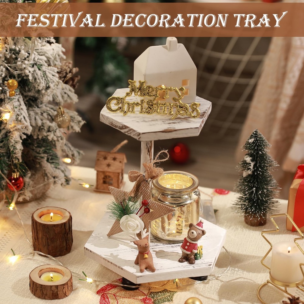 Hexagonal Wood Riser for Display, 2-Tier Wood Farmhouse Riser for Kitchen Bat...
