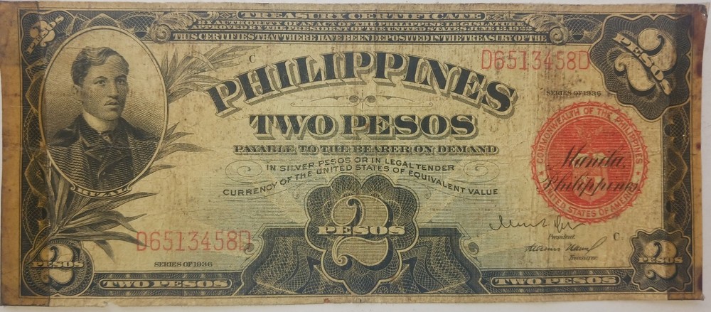 1936 Philippines Red Seal Two Pesos Note