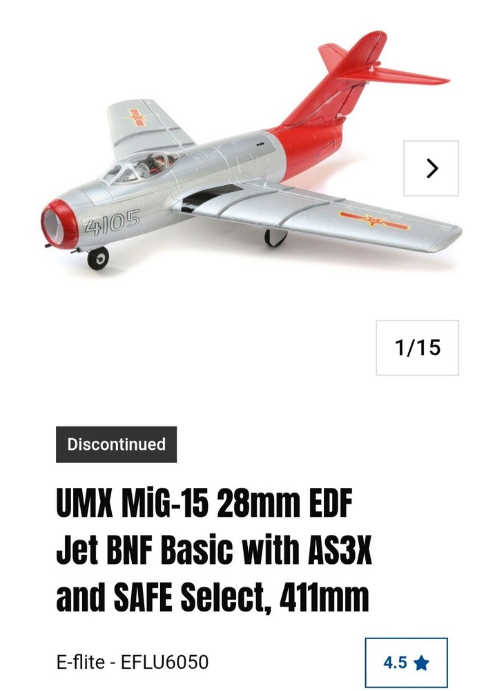 UMX MiG-15 28mm EDF Jet BNF Basic with AS3X and SAFE Select E-flite - EFLU6050