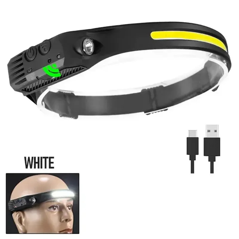 COB LED Flashlight USB Rechargeable Hand Sweep Sensor Headlamp 5 Lighting Modes