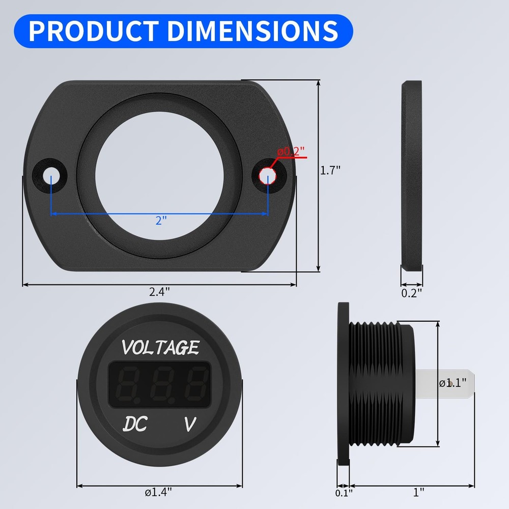 DaierTek Battery Voltage Meter Waterproof DC 12V 24V LED Blue Voltmeter