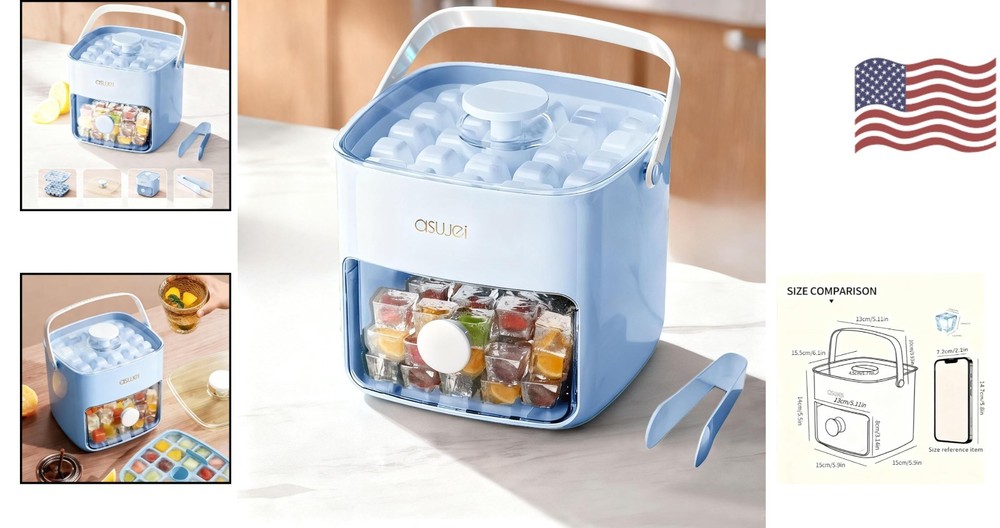 Compact Stackable Ice Cube Maker with Clear Lid - Ideal for Home Bars, Ice Blue