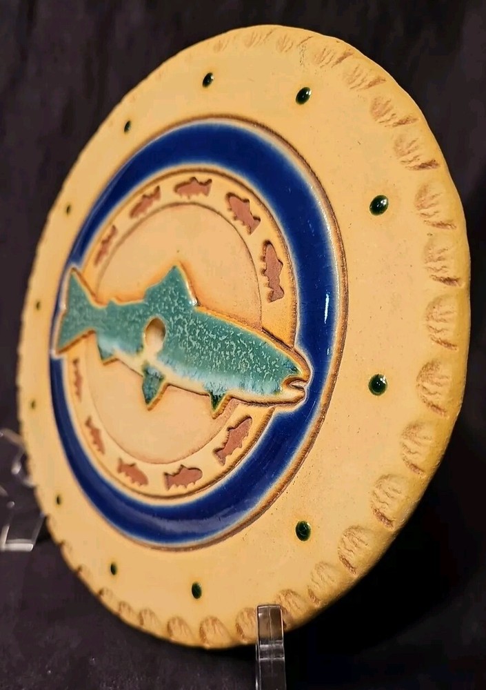 Ceramic Fish Clock Face 7.75" Ashley's Handcrafts Green Blue Signed VGUC