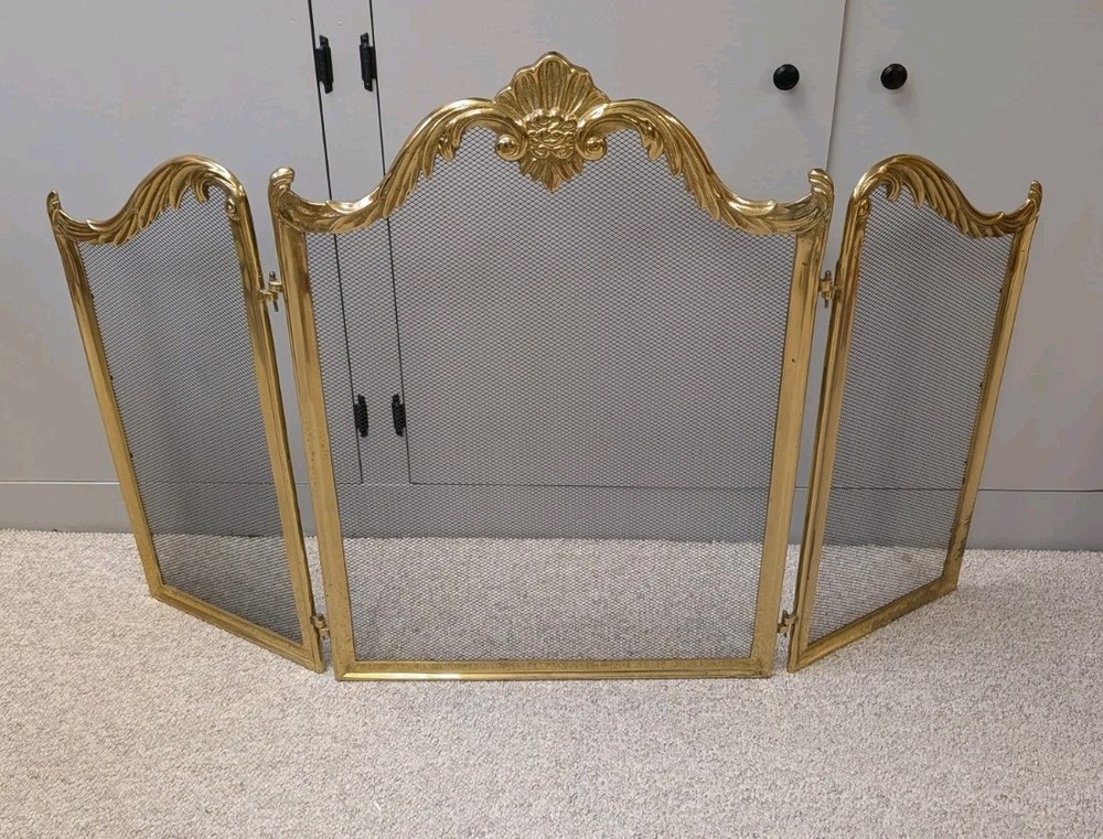 Vtg 3 Panel Fold Brass  Shell Rose Fireplace Screen