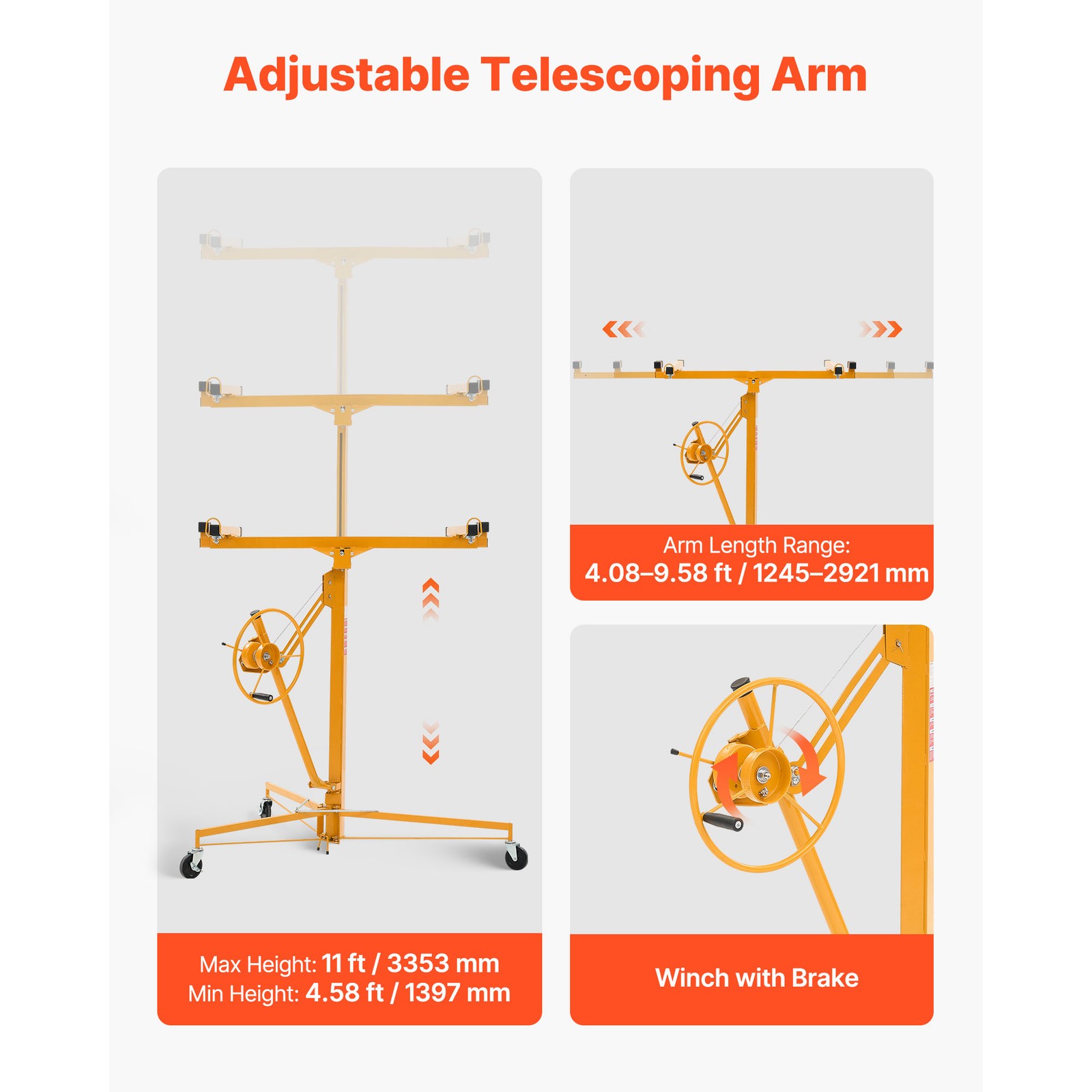 Uimoso 11Ft Drywall Lifter Sheetrock Hoist Lift Adjustable arm & Lockable Wheels