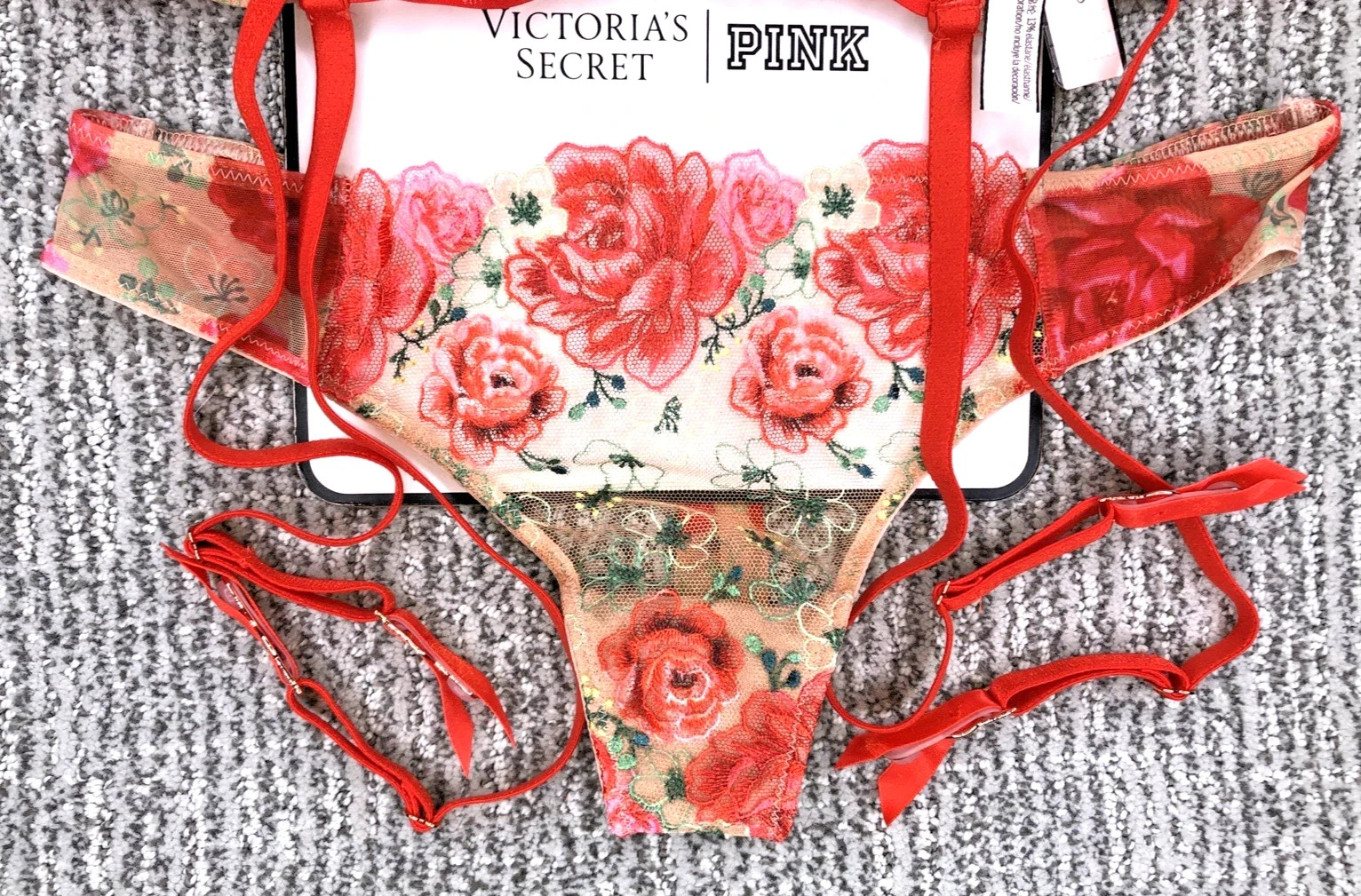 Victoria's Secret NWT Small Red Floral Embroider Garter Belt Thong Panty Set