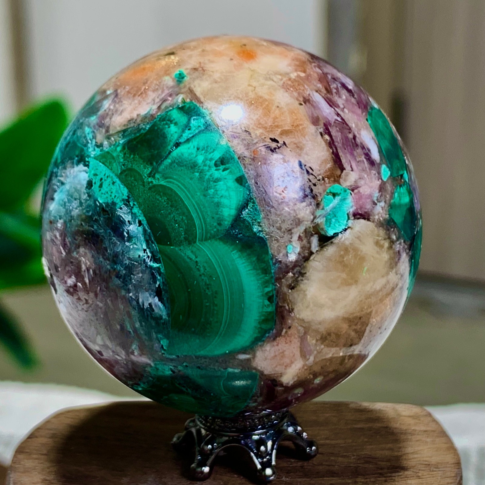 127G Newly discovered rare malachite purple mica symbiotic sphere restoration