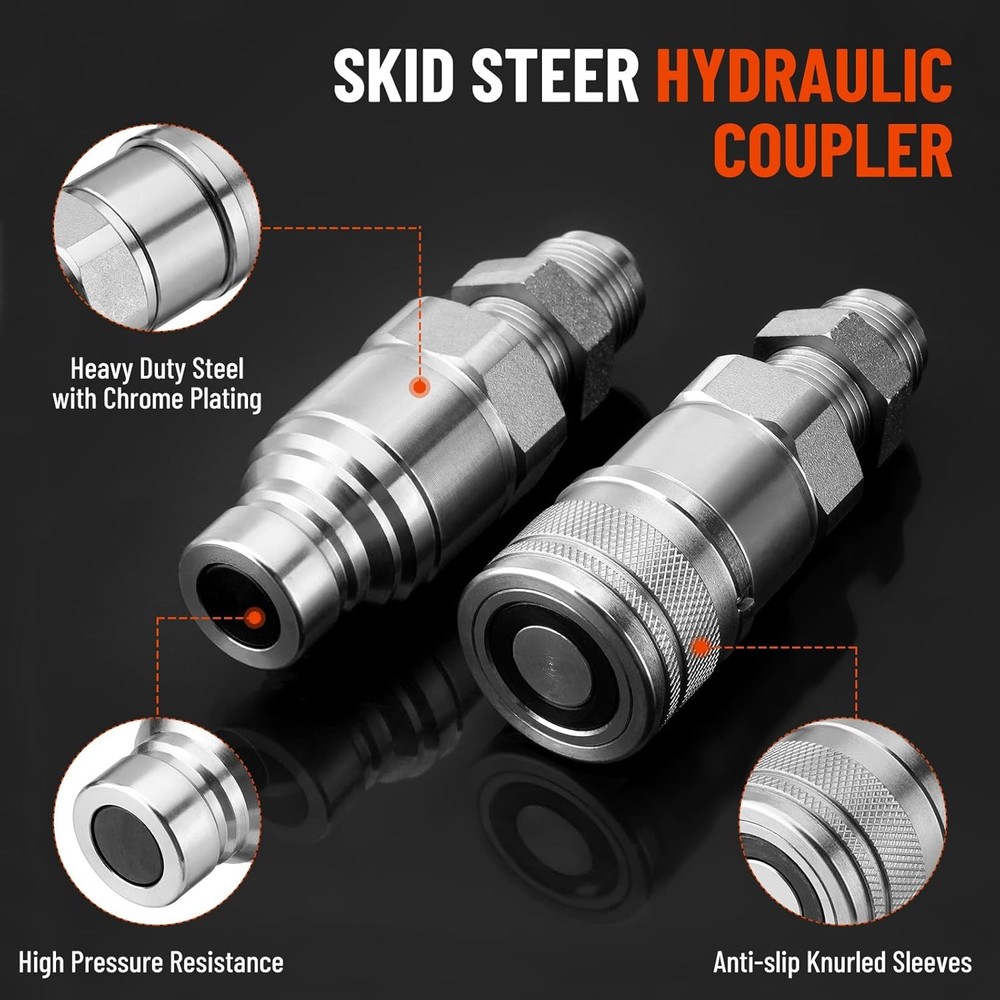Flat Face Skid Steer 1/2" Body x 5/8" JIC Bulkhead Thread Hydraulic Coupling Set