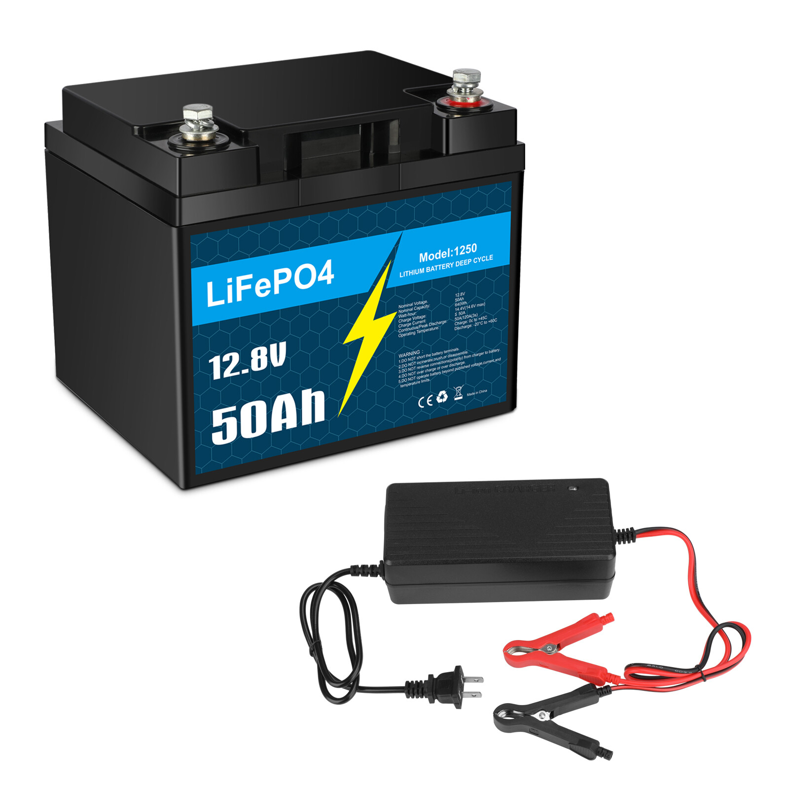 12V 50Ah LiFePO4 Lithium Battery with Charger, Smart BMS, for RV, Marine Lot