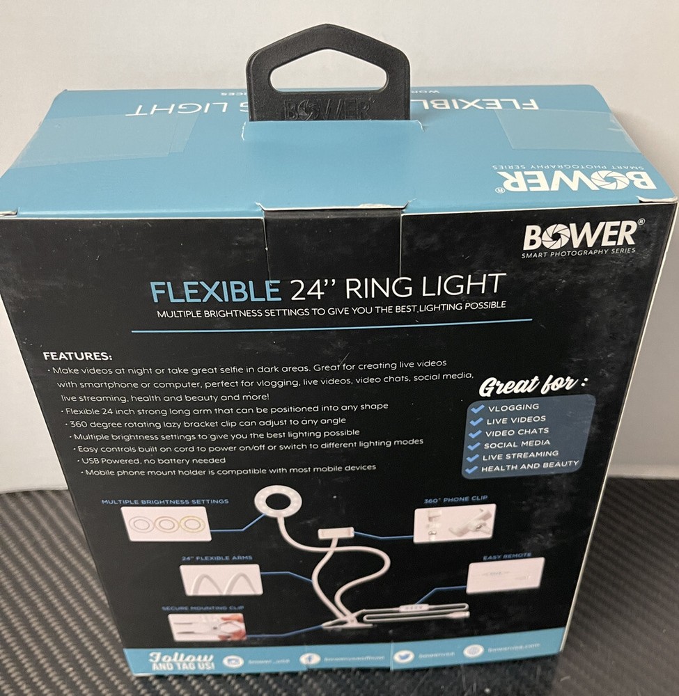 Bower - Flexible 24" LED Ring Light - White Vlogging Social Posts NEW