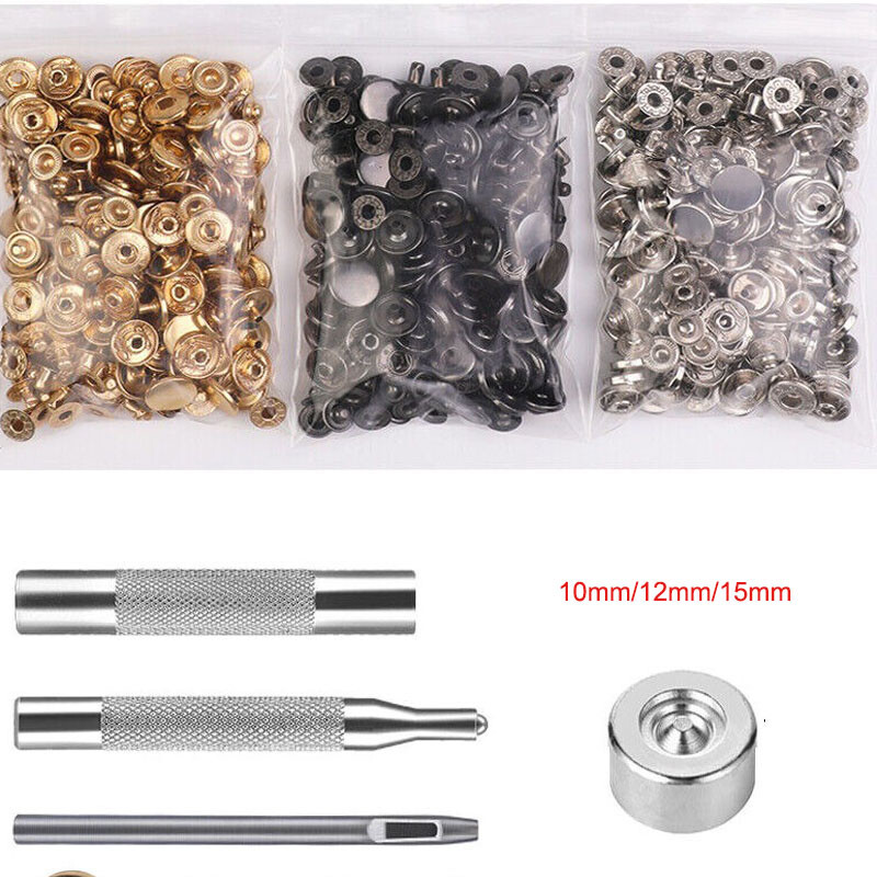 Leather Snap Fasteners Kit 10/12/15mm Brass Button Snaps Press Studs With 4 Tool