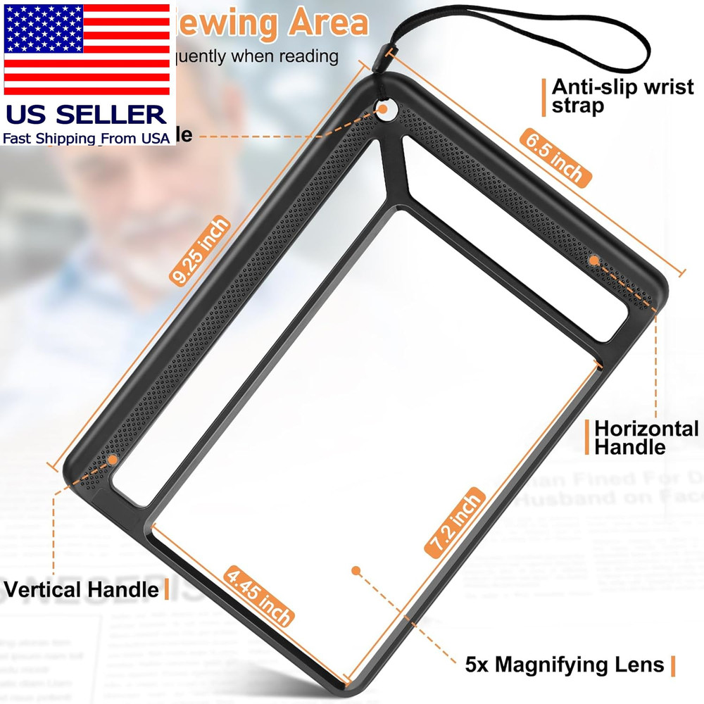 5X Full Page Magnifying Glass for Reading, Lightweight Rectangular Magnifier Pro