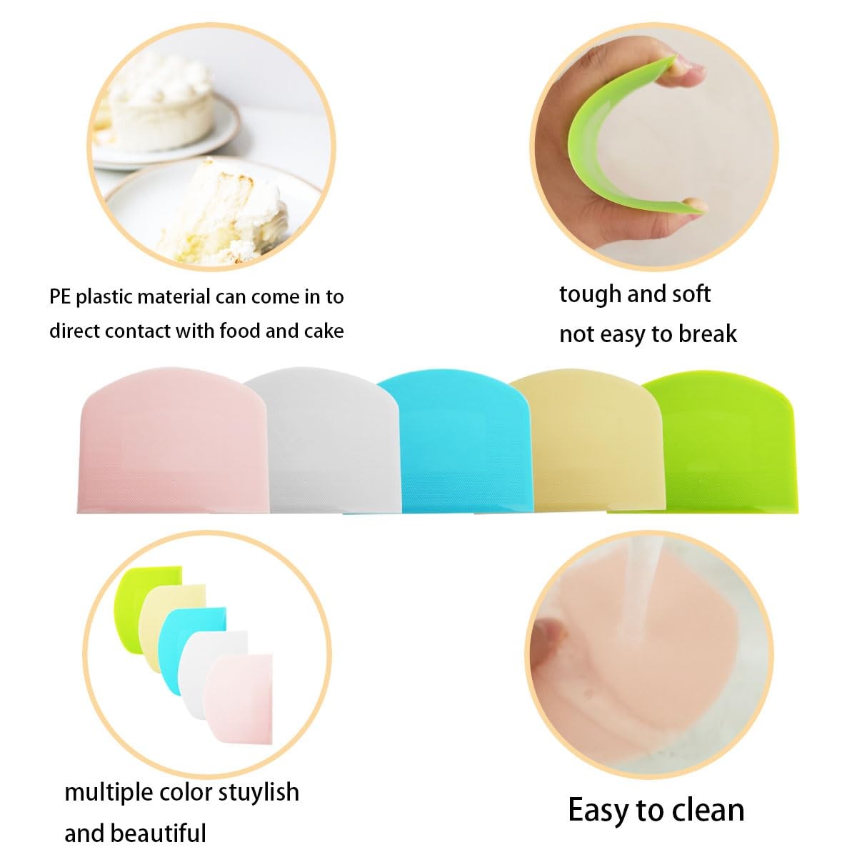 5 Pack Dough Scraper, Plastic Bench Scraper for Baking, Small, Multicolor