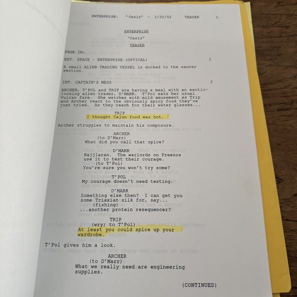 Original Cast Used Star Trek Enterprise Production Script “Oasis” 2002