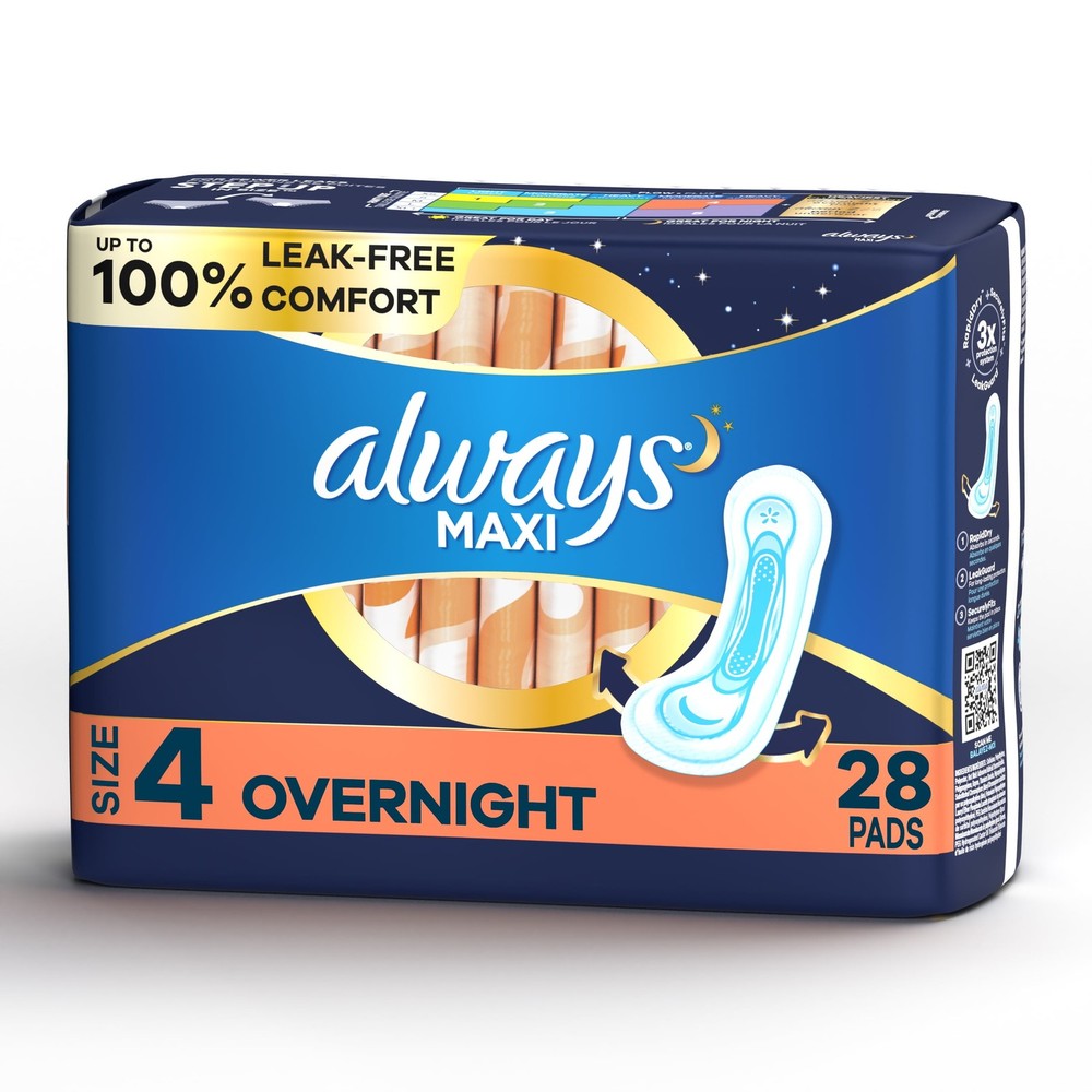 Always Size 4 Maxi Pads - 28ct, Overnight Absorbency, Without Wings