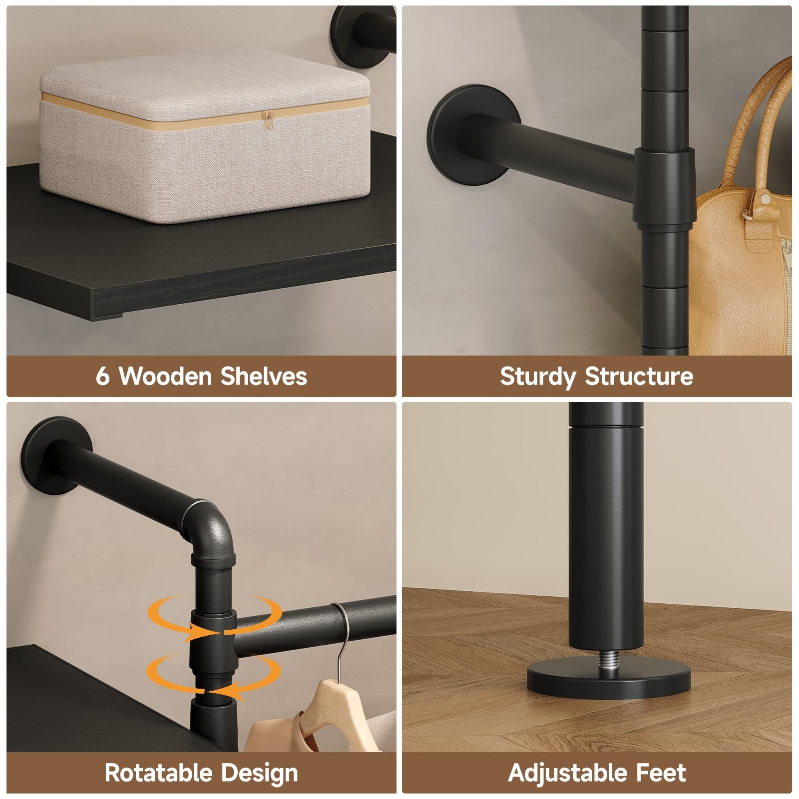 Wall Mounted Closet System 6 Wooden Shelves 4 Telescopic Rods Heavy Duty Black