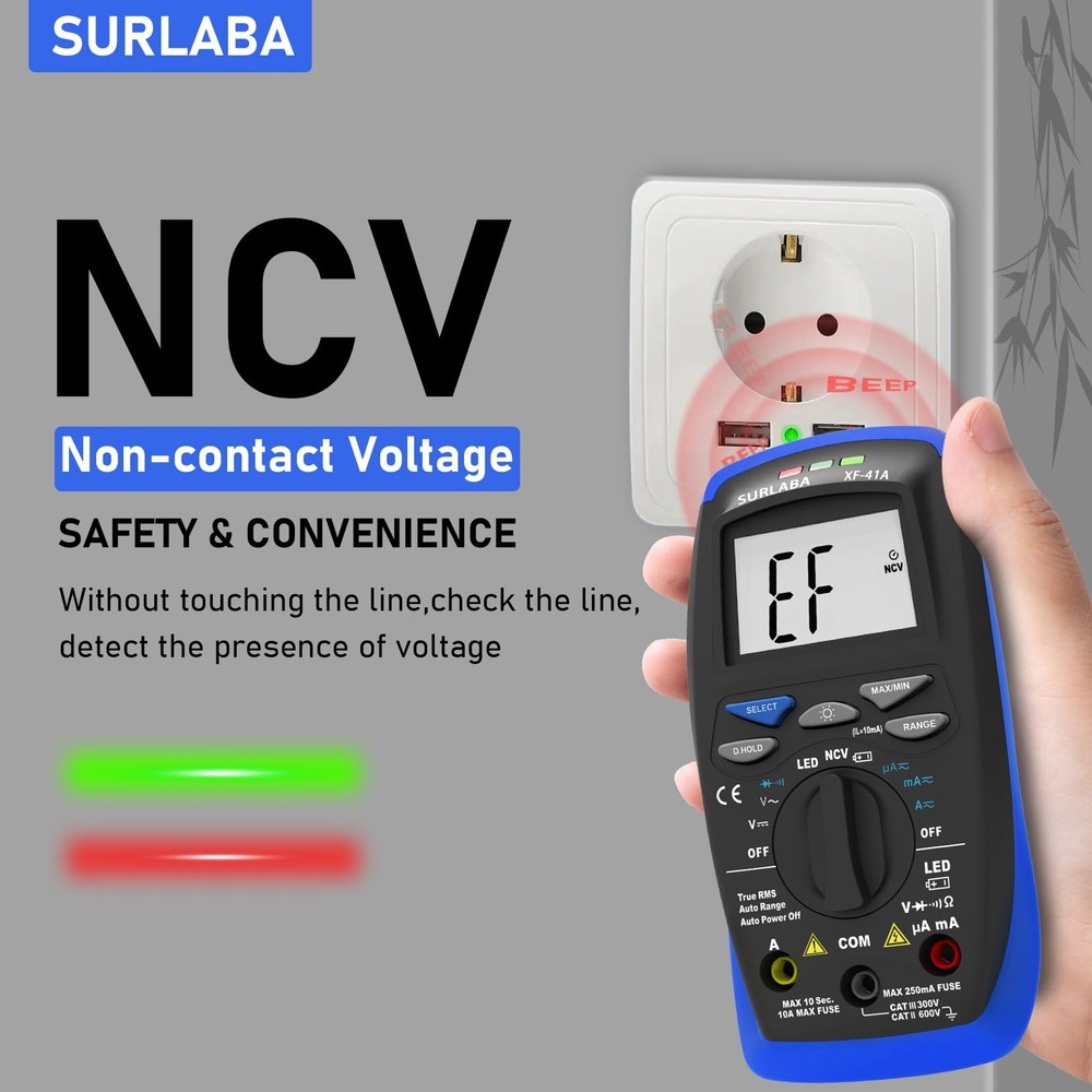 SURLABA Digital Multimeter, DC/AC Current Voltage Tester, 41A-B, Blue