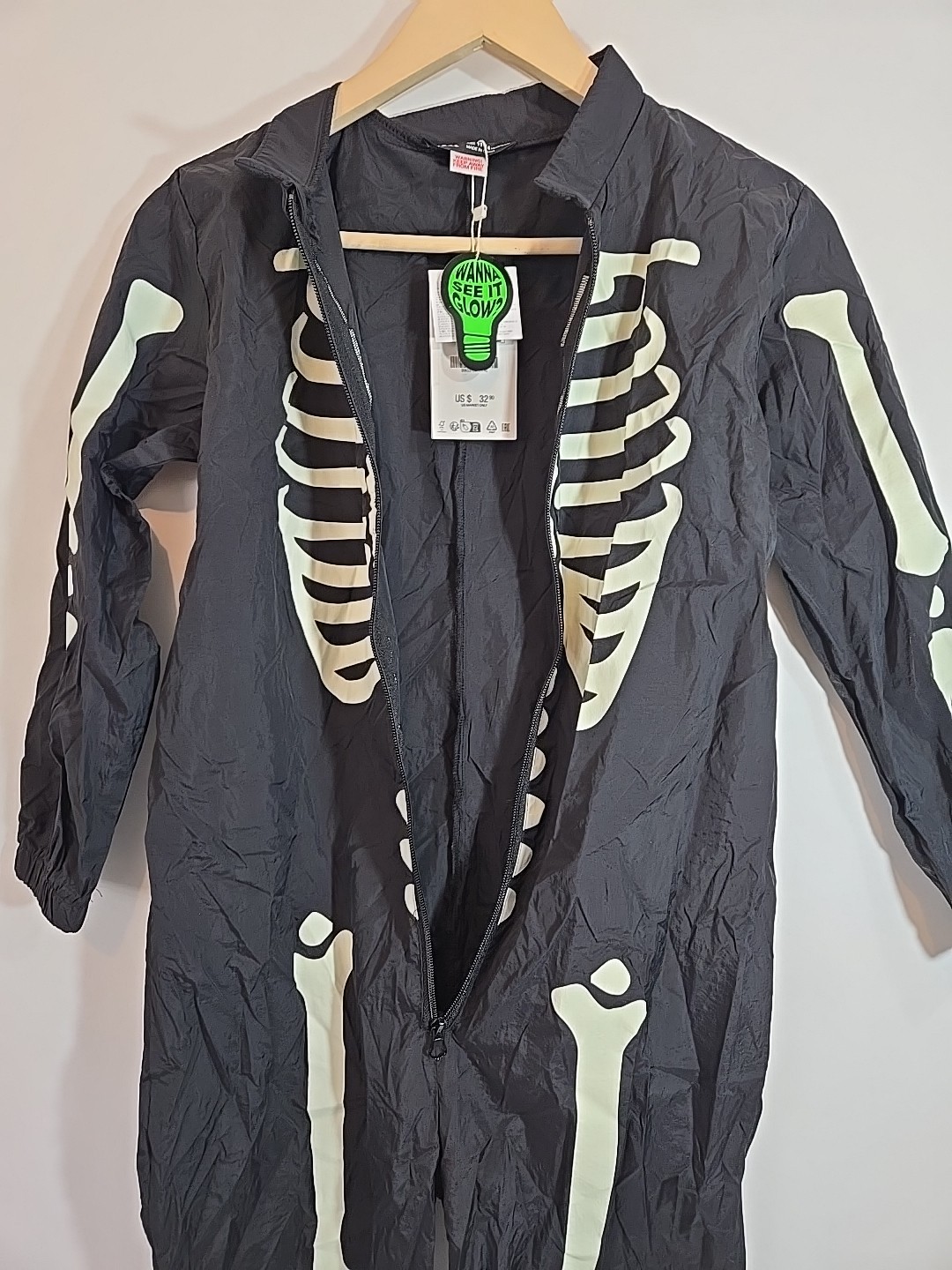 Zara Glow in the Dark Skeleton Zip Up Costume, New