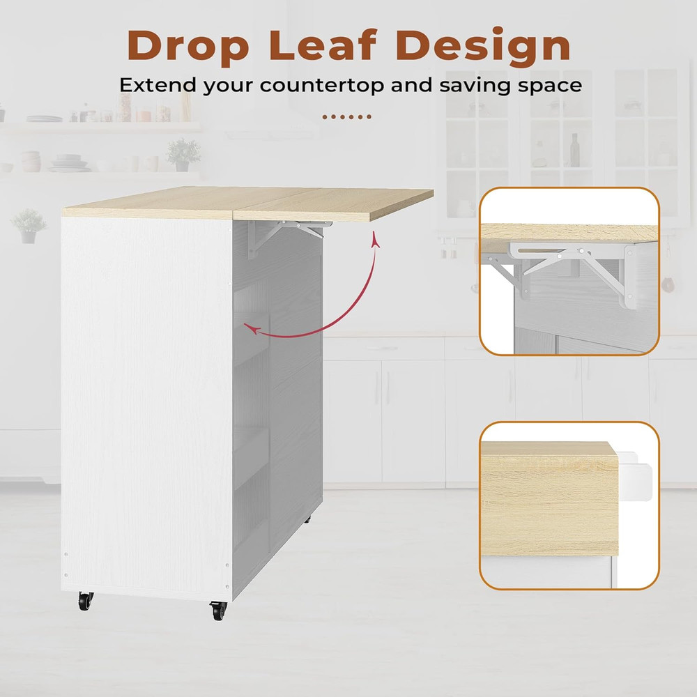 Rolling Kitchen Island Cart with Drop Leaf, Storage & Wheels - White