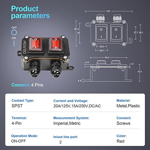 Waterproof On Off Toggle Switch Double Switch/Outlet with Red/2 Switch/2 Outlet