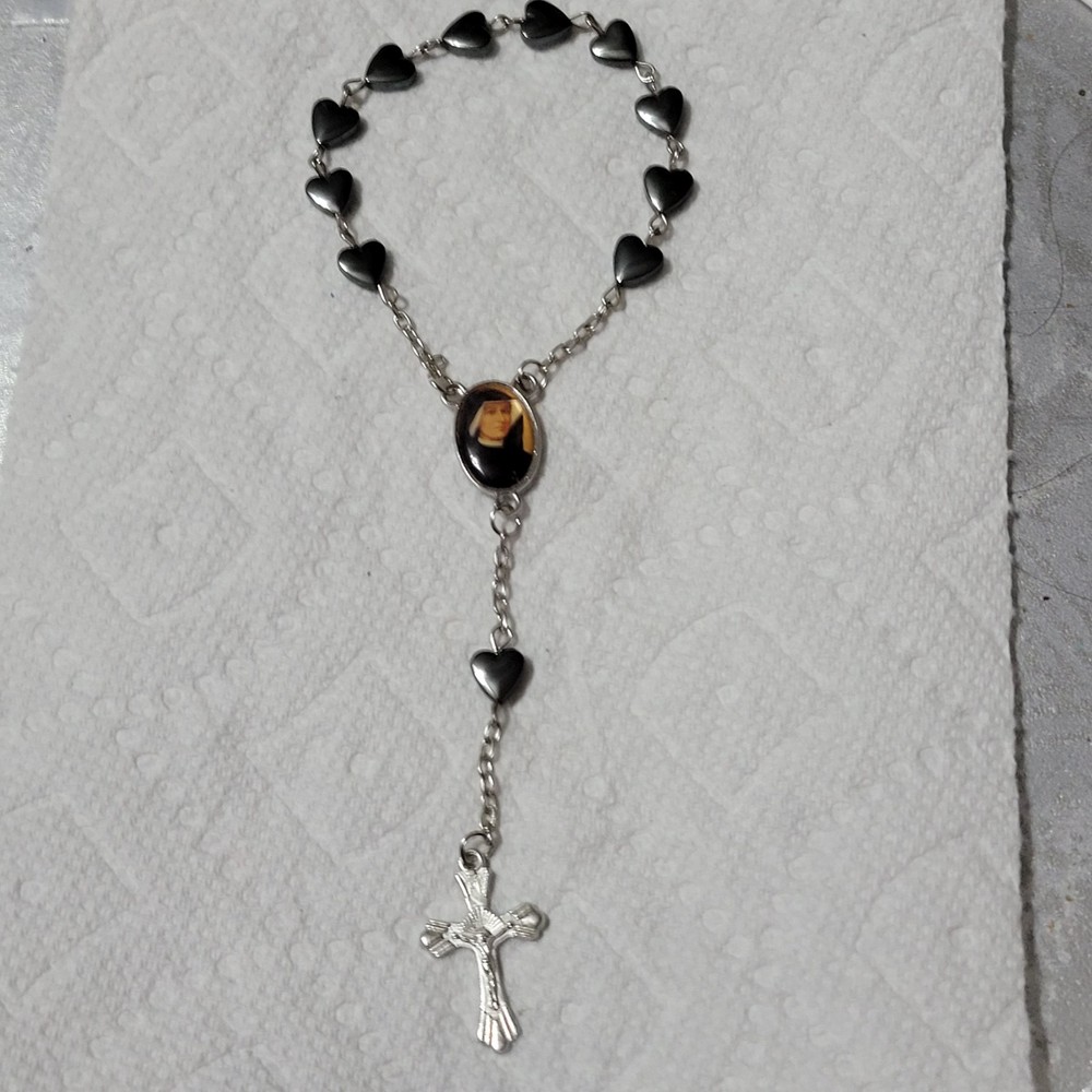 One Decade Pocket Rosary Hemetite Hearts, Catholic, 7"