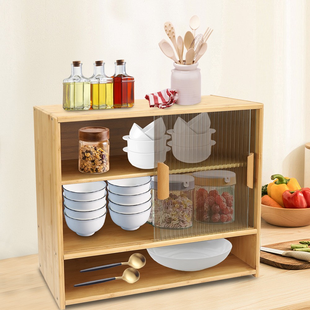 Small Bamboo Kitchen Pantry Sideboard with Sliding Doors and Ample Storage