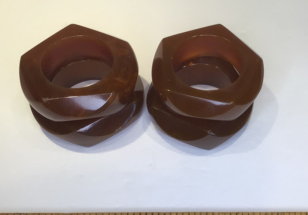Vintage Brown Bakelite Hexagonal Napkin Rings Holders (4)