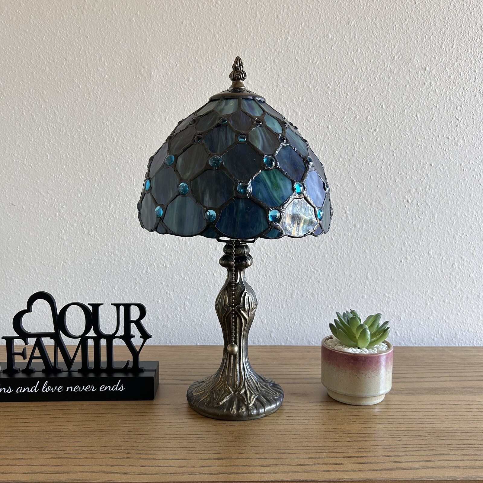 Tiffany Style Mini Table Lamp Blue Stained Glass Crystal Beans LED Bulb 14"H*8”W