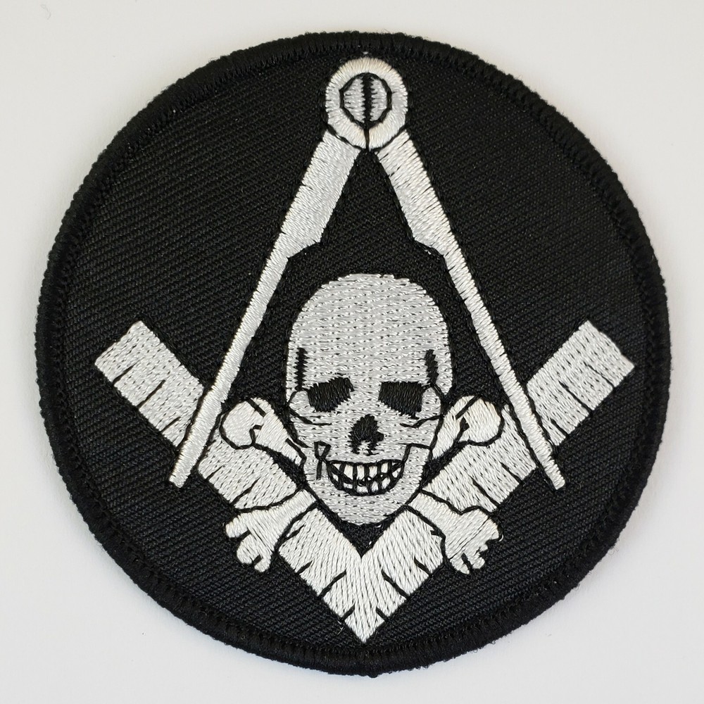 Mason Square & Compasses Widows Son Skull Patch Biker Freemason Black Silver