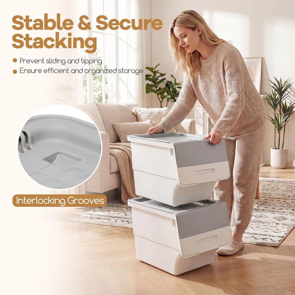 Plastic Stackable Storage Bins W/ Lids & Wheels 3 Pack Open Front Stacking Bins