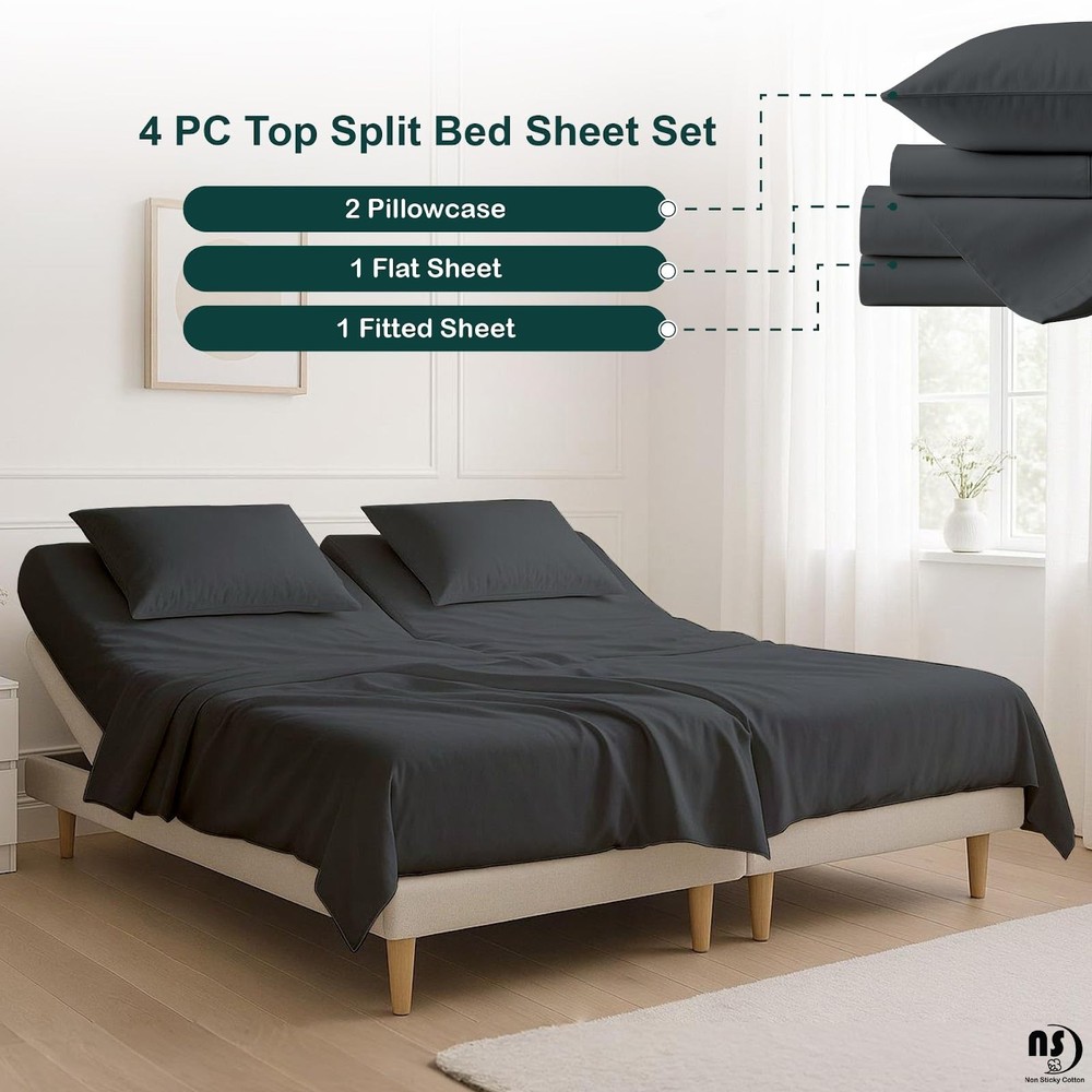 4 Piece Top Split King Sheets Sets for Adjustable Bed, 100% Egyptian Cotton B...