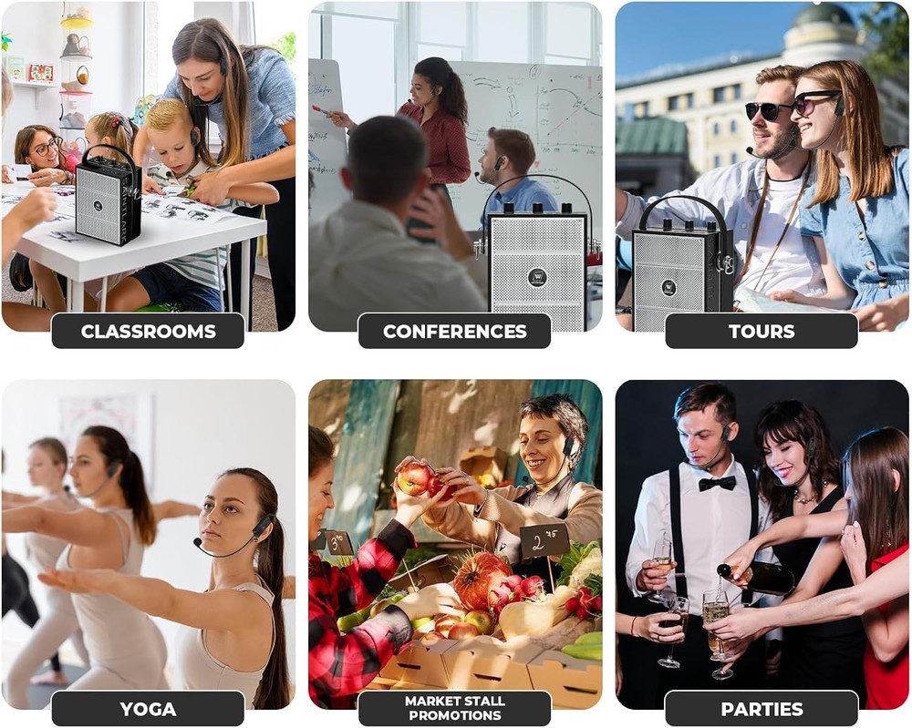 Wireless Bluetooth Amplifier, Portable, w/ 2 Headset Microphones for Instructors