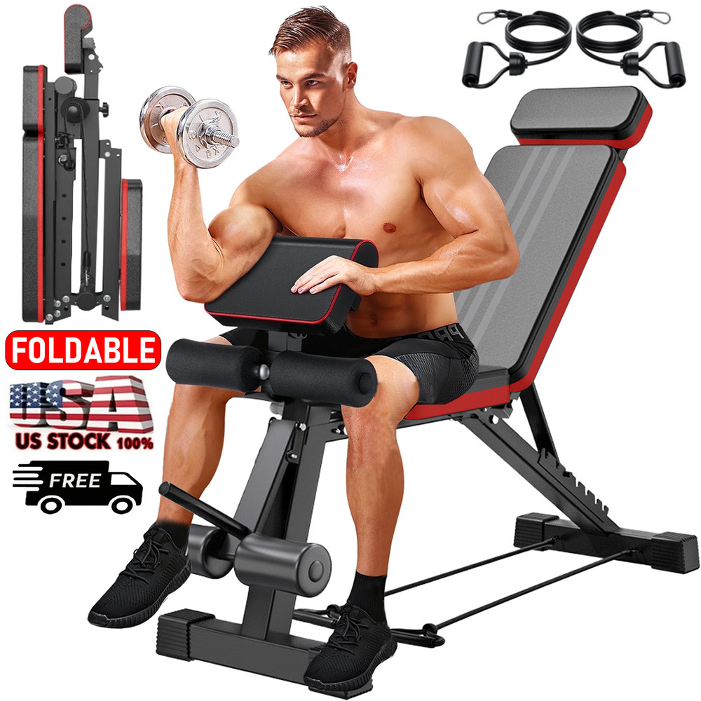 Adjustable Foldable Exercise Weight Bench Workout Bench Gym w/Resistance Bands