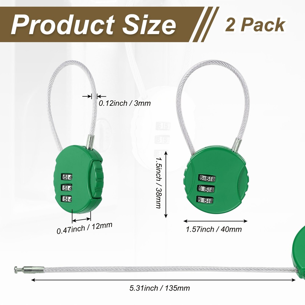 2-Pack Combination Padlock, 3 Digit Round Shaped Cable Luggage Lock [Dark Green]