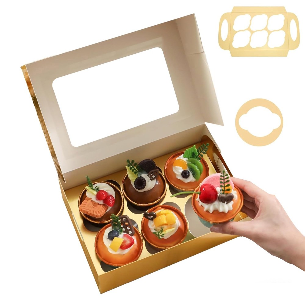 25 PCS Cupcake Boxes, Gold Cupcake Boxes 6 Count with Window and Inserts, Cup...