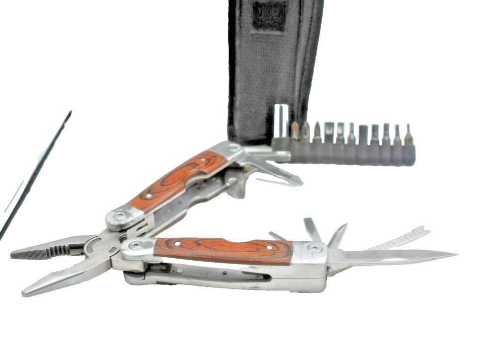 combination plier knife tool with 11 screwdriver type bits, and more about20uses
